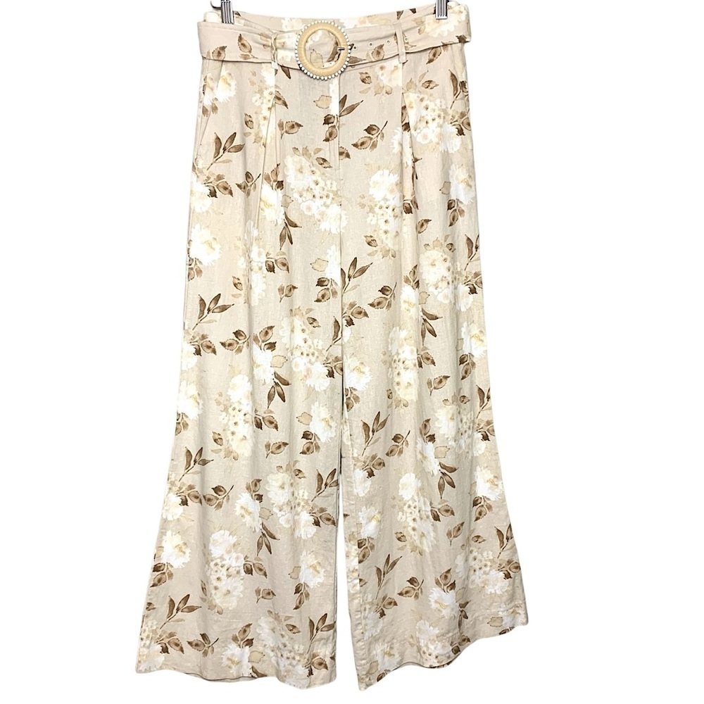 House Harlow Beige Wide Leg Floral Trouser Linen Bld Hi Rise Pant Sz12 Boho Chic